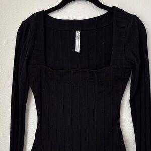 Free People Black Ribbed Long Sleeve Bodysuit